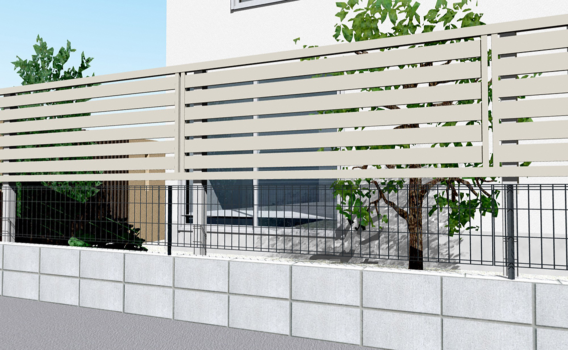 シンプレオ フェンスYS2型 横スリット半目隠し 上段のみ設置 自立建て用