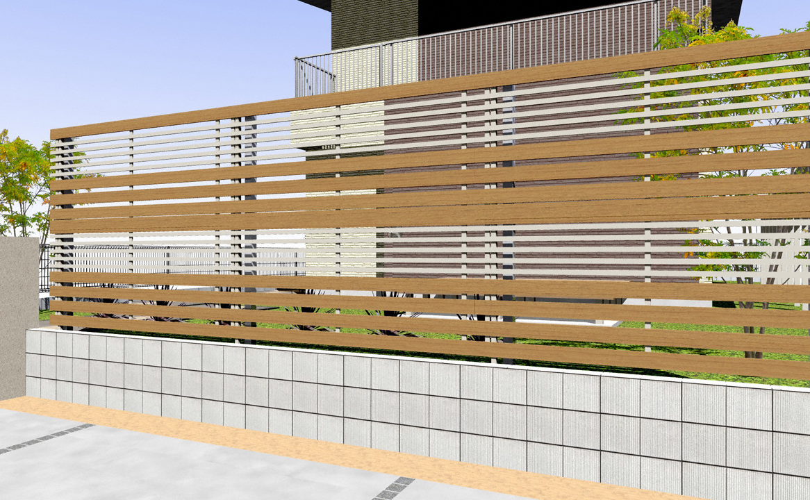 ルシアスフェンスH04型 横板+細横格子 複合カラー 2段支柱 自立建て用