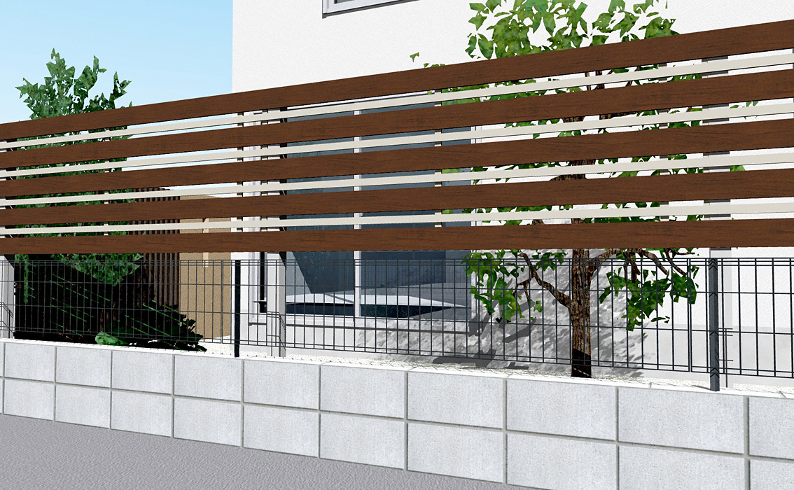 ルシアスフェンスH03型 横板+細横格子 複合色 上段のみ設置 自立建て用