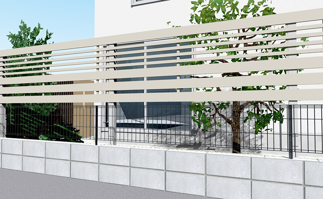 ルシアスフェンスH04型 横板+細横格子 上段のみ設置 自立建て用