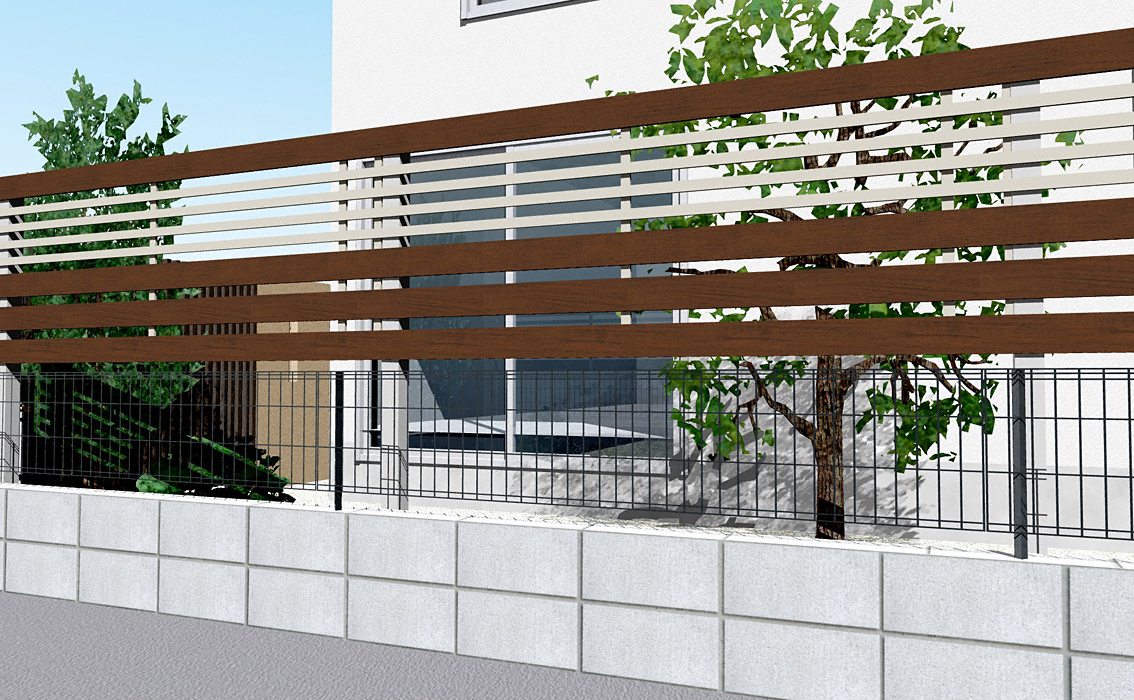 ルシアスフェンスH04型 横板+細横格子 複合色 上段のみ設置 自立建て用
